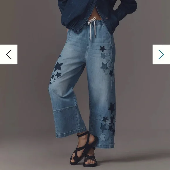 Anthropologie IZZIE relaxed pull on barrel
star appliqué jeans by Pilcro - Picture 2 of 6